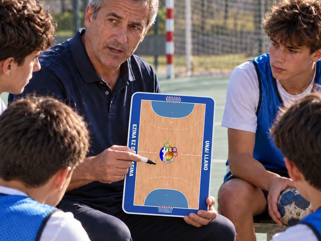 Ein Handballtrainer erklärt seinen Spielern auf dem Feld einen Spielzug an der Taktiktafel