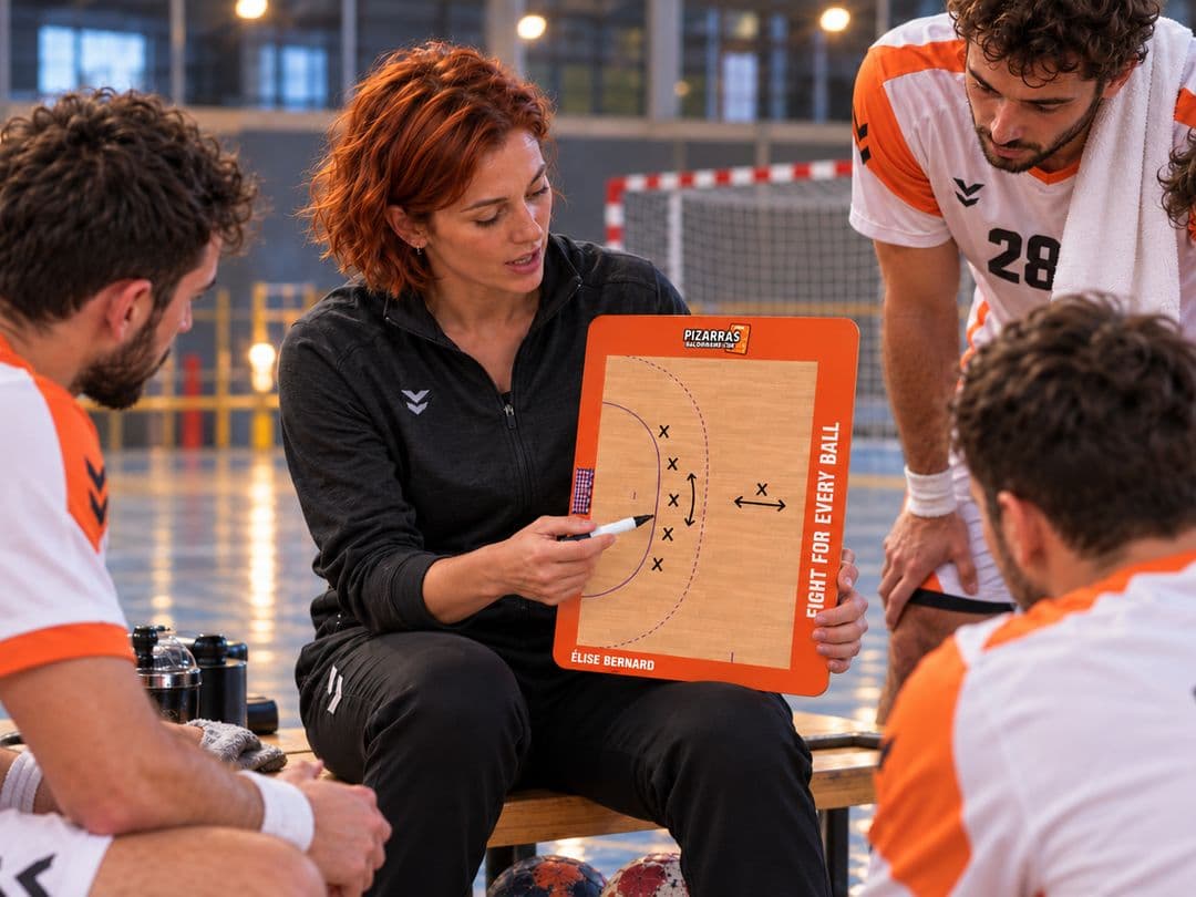 Eine Handballtrainerin erklärt ihrem Team auf der Bank einen Spielzug an der Taktiktafel